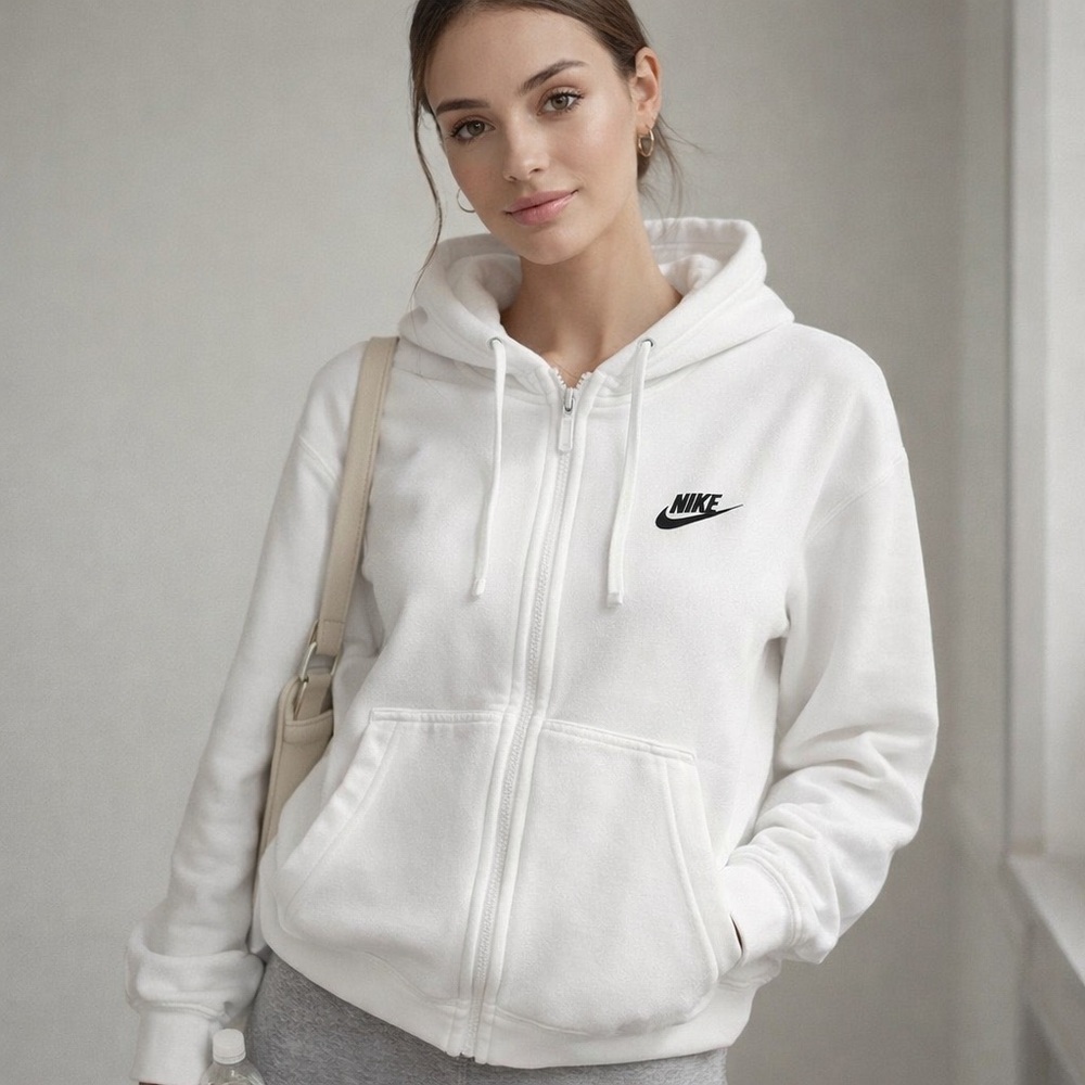 Nike White Full Zip Hoodie Small Women’s Classic Logo Athleisure Sweatshirt
